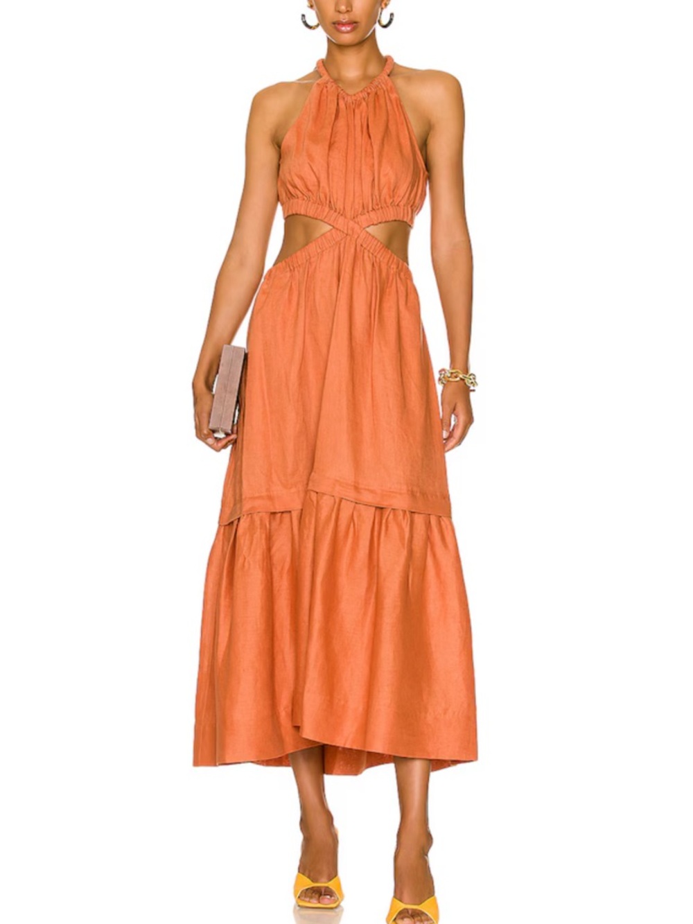 Women's Orange Halter Midi Dress with Cutout